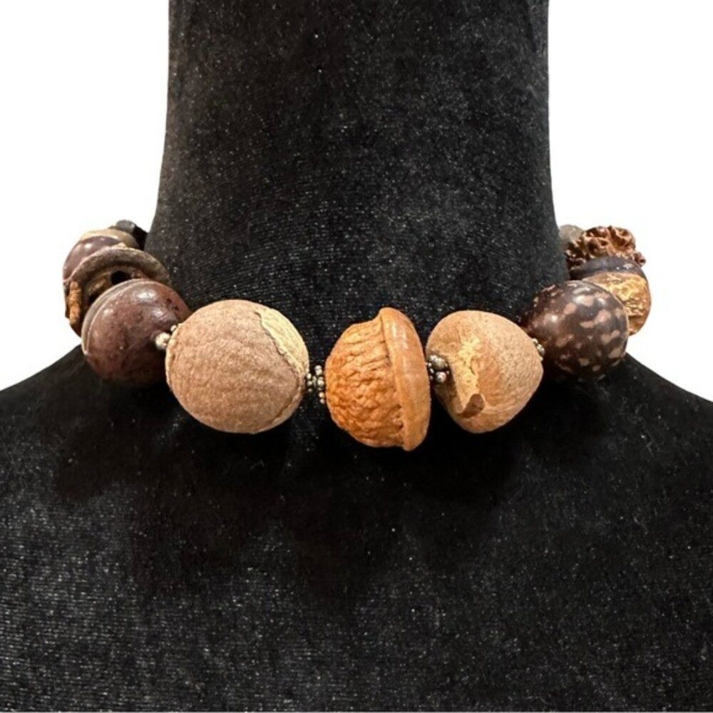 Natural Seed & Acorn Beaded Necklace With Metal Spacers
